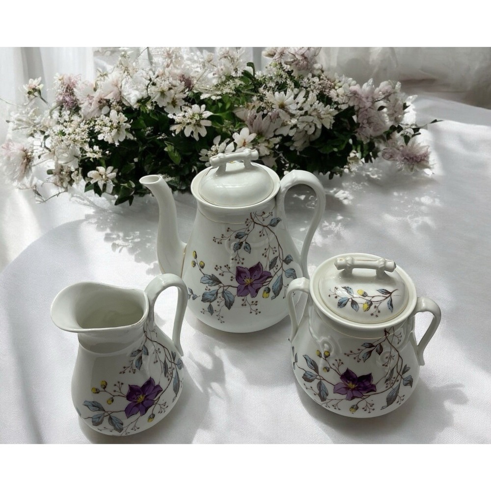 5-Piece Porcelain Tea Set Teapot, Sugar Bowl, Creamer & Lids Violet Floral VTG